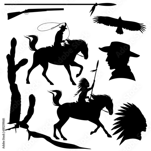wild west theme black vector silhouette set - cowboy, native american chief, eagle and cactus design collection