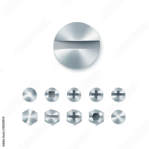 Set of head screws and bolts, nails and rivet isolated on white background. Vector illustration