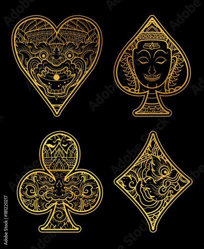 Vector set of thai tradition playing card and icon with decorative ornament