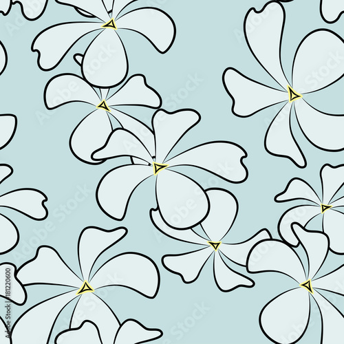 Seamless background. Plumeria, frangipani, tropics. Sketch  violin, hand drawn, ink style