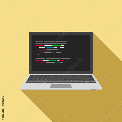 Laptop icon with code editor on screen. vector