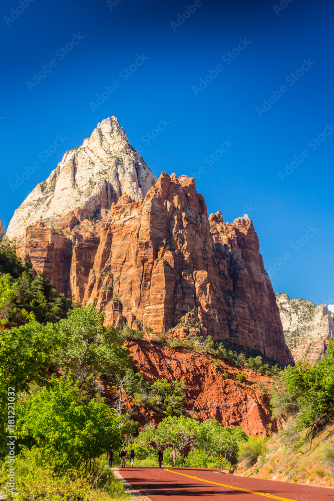 Bright scenery in Zion National Park, Utah, with deep blue skies and red rock formations