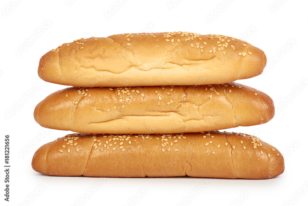 Light and delicious baguette bread isolated on white background, home made food with sesame