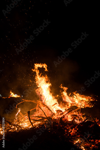 Wildfire burning on grass and wood at night. dangerous place on fire. close-up fire shot.