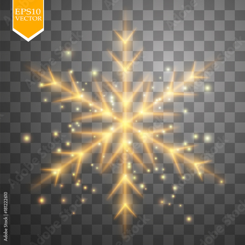 Shine gold snowflake with glitter isolated on transparent background. Christmas decoration with shining sparkling light effect. Vector