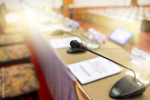 Microphone close up shot at business meeting and education concept.