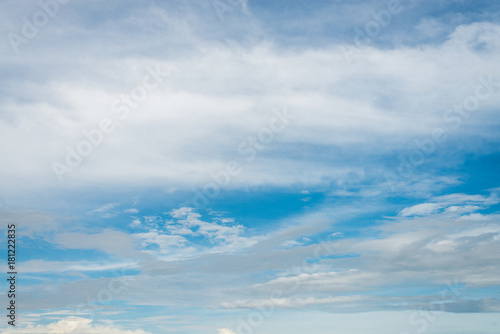 Summer sky and beautiful sun in the blue sky with clouds. © Worawut