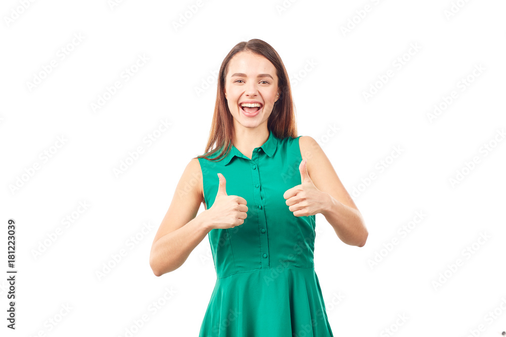 Portrait of emotional young woman in emerald green dress on white background Portrait of emotional young woman in emerald green dress on white background