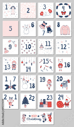 Hand drawn advent calendar with cute cartoon characters in winter clothes, Christmas tree, Santa Claus, presents, stockings, decorations, typography. Design concept for children. Vector illustration.