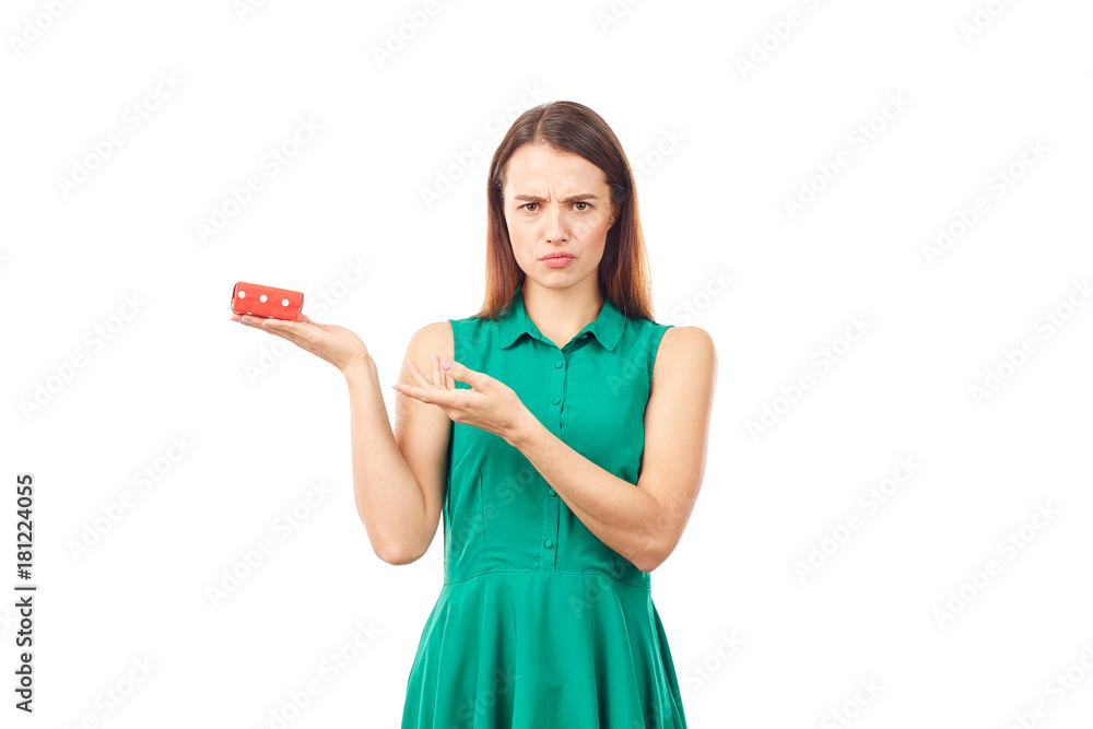 Studio portrait of beautiful young woman holding small gift box on white background Studio portrait of beautiful young woman holding small gift box on white background