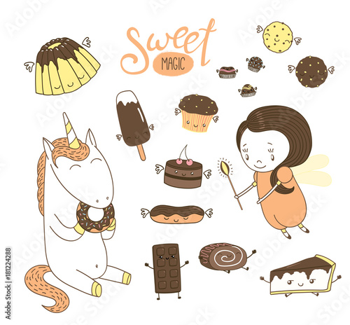 Set of different hand drawn sweet food doodles, with kawaii cartoon faces, cute fairy girl, unicorn eating donut, typography. Isolated objects on white background. Design concept dessert, kids.