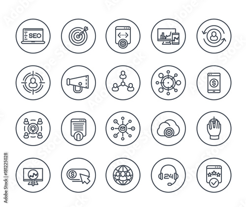 seo, digital marketing, website analysis, ranking, indexing line icons set on white