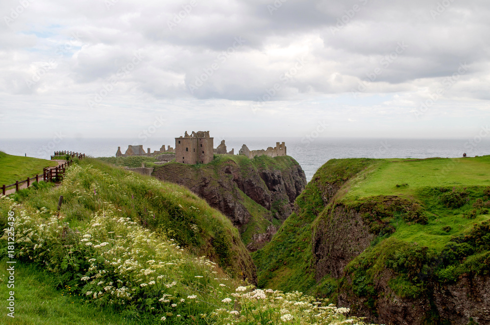 Ruins of Dunnottar Castle in Scotland built on a rock above the sea