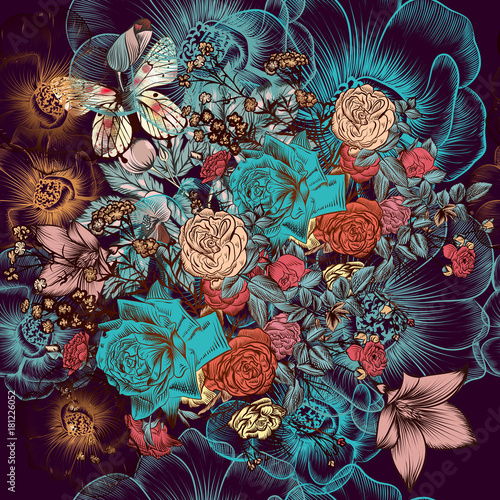 Beautiful pattern with hand drawn flowers in vintage style