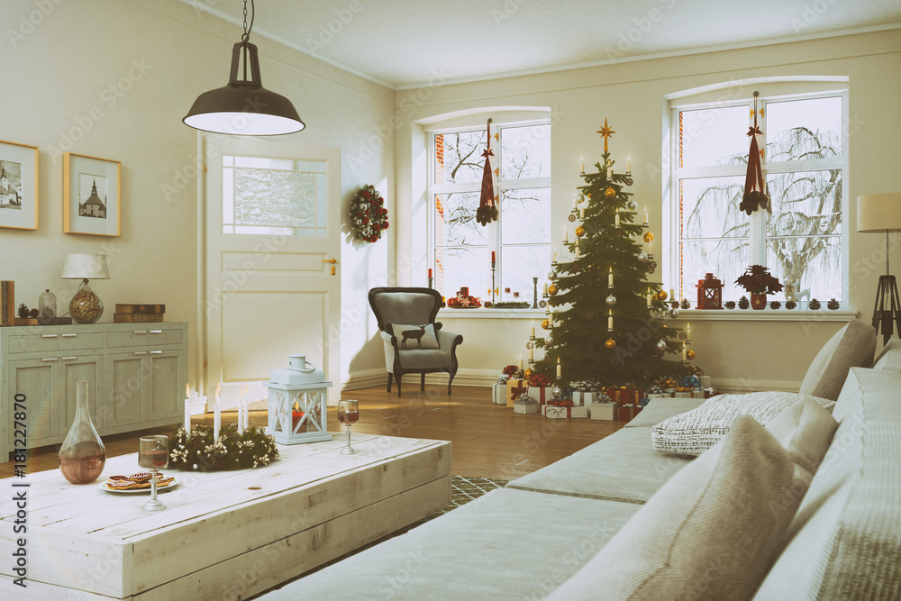 3d render of a nordic living room with christmas decoration and christmas tree - retro look