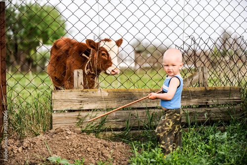 Tableau sur toile Boys feed chickens and farm animals on their father's farm in the countryside