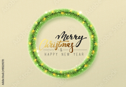 Glowing Christmas background. Design traditional Christmas decorations, green tinsel, bright light garlands. Xmas holiday wreath, vector greeting card