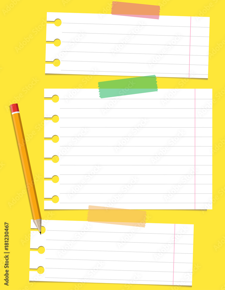 school paper templates attached by tape, with a pencil on yellow background. Bright vector design. school paper templates attached by tape, with a pencil on yellow background. Bright vector design.