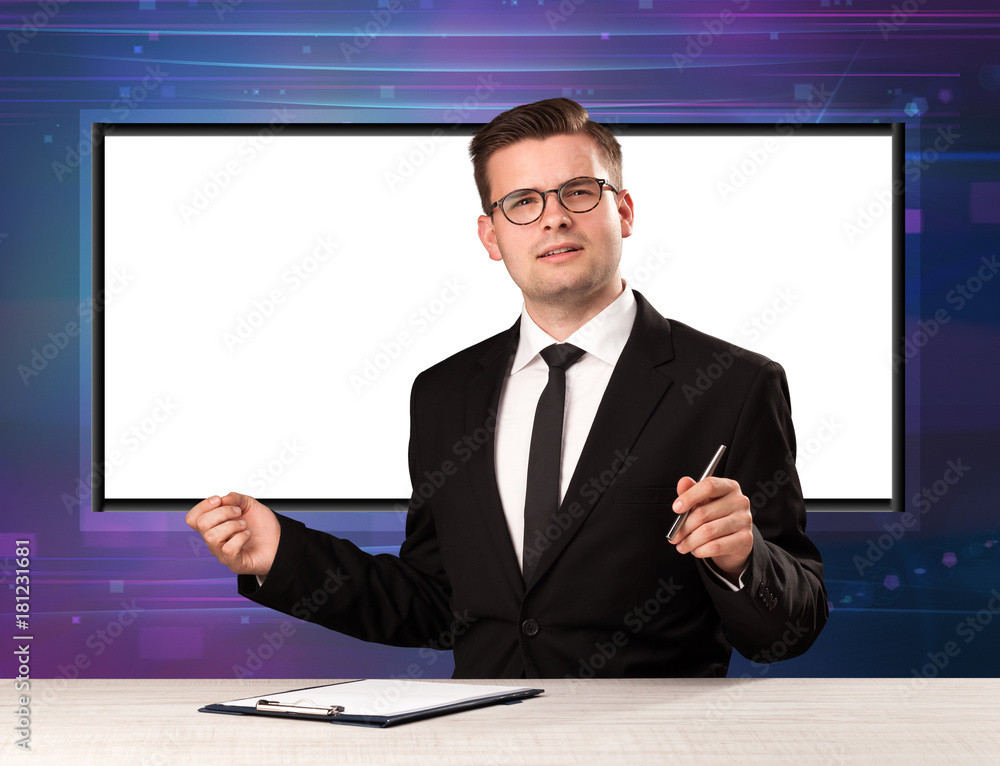 Television program host with big copy screen in his back Television program host with big copy screen in his back