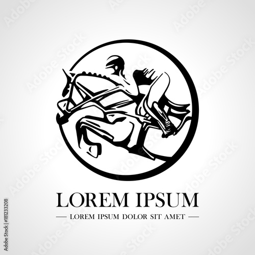 Silhouette of racing horse with jockey. Logo. Design icons. Equestrian sport. Jockey riding jumping horse. Poster. Sport. Vector Illustration.