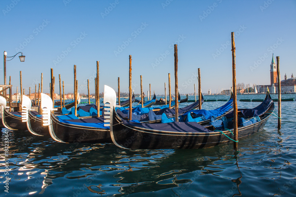 Venice City of Italy.view on parked gondolas, famous Venetian transport