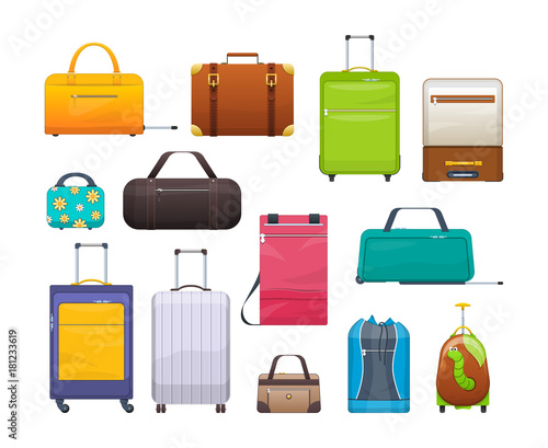 Collection different bags, suitcases, luggage. Plastic, metal, leather suitcases, bags.