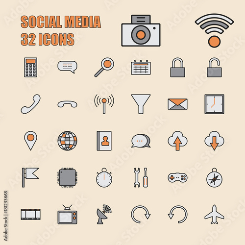 Social Media vector illustration thin line 64x64 Pixel, 32 icons set for business, communication, community, transport, internet, technology, information, photography.