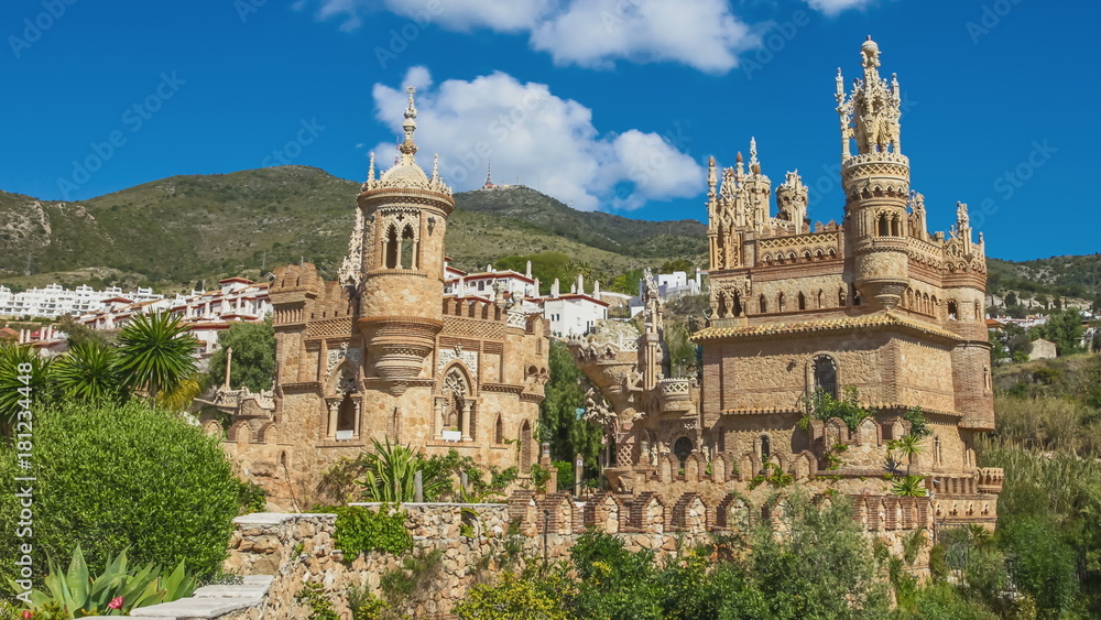 Castillo de Colomares with clouds. It is a monument similar to a fairytale castle, dedicated to Christopher Columbus. Benalmadena, near Malaga in Andalusia, Spain.