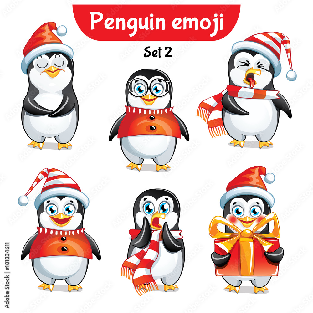 Fototapeta premium Vector set of christmas penguin characters. Set 2