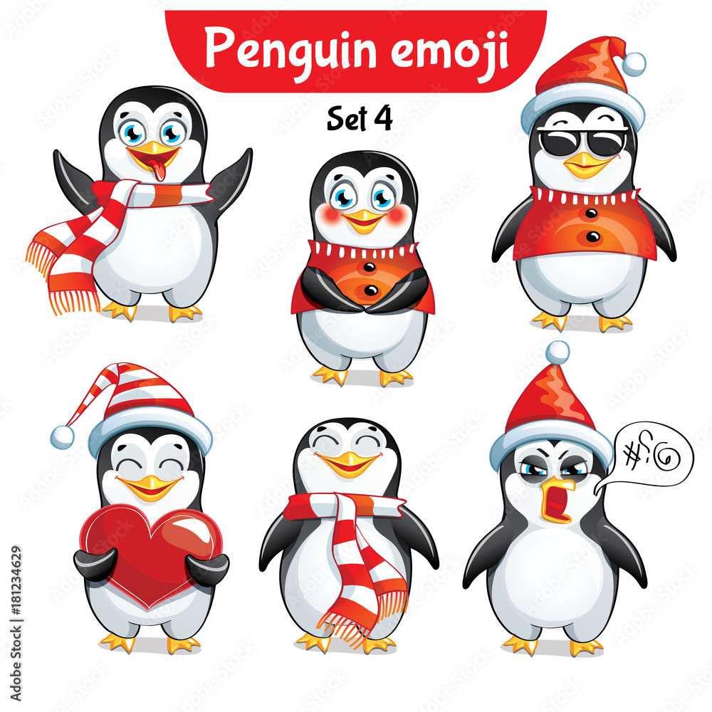 Fototapeta premium Vector set of christmas penguin characters. Set 4