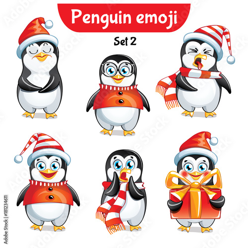 Vector set of christmas penguin characters. Set 2