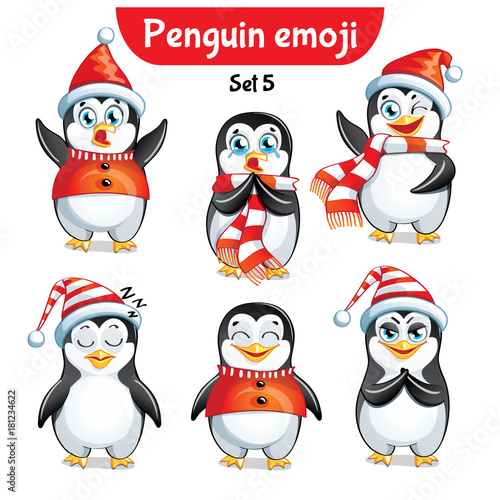 Vector set of christmas penguin characters. Set 3