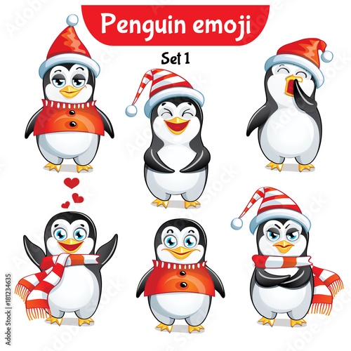 Vector set of christmas penguin characters. Set 1