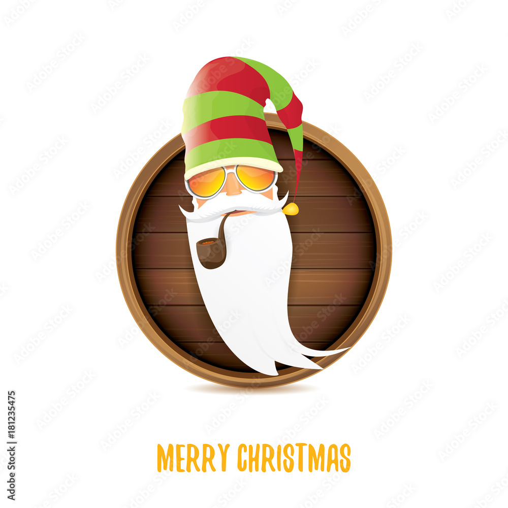 vector bad rock n roll dj santa claus with smoking pipe, funky beard and  greeting calligraphic text on old vintage circle wooden board sign.  Christmas party hipster poster Stock Vector | Adobe