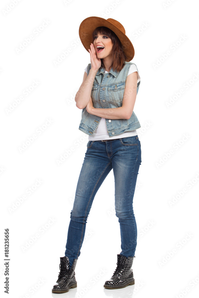 Happy Young Woman In Brown Suede Hat Is Shouting Happy Young Woman In Brown Suede Hat Is Shouting