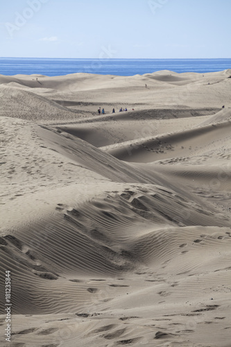 Sand dunes with tracks of pedestrians all over, blue ocean in the background