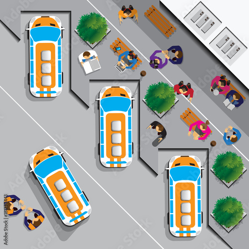 People at the bus station. View from above. Vector illustration.