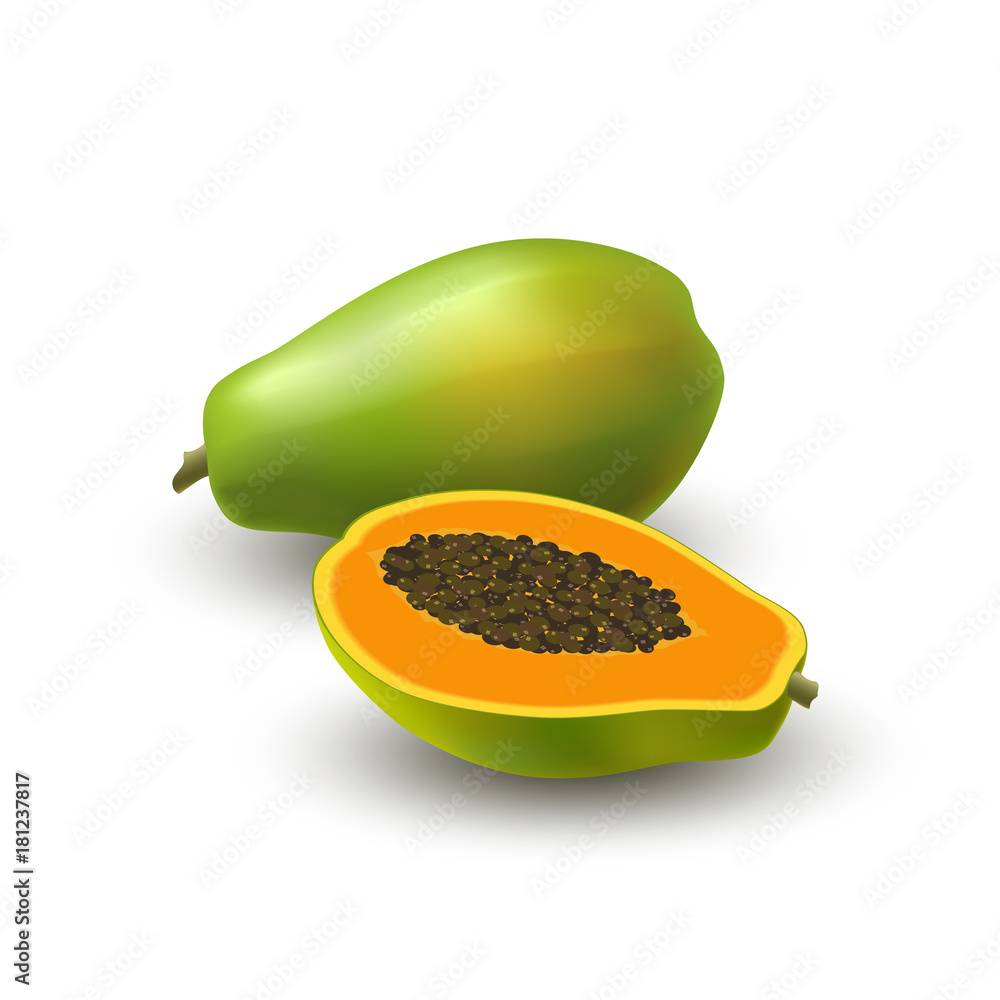 Isolated colored papaya, pawpaw, paw paw half with seeds and
