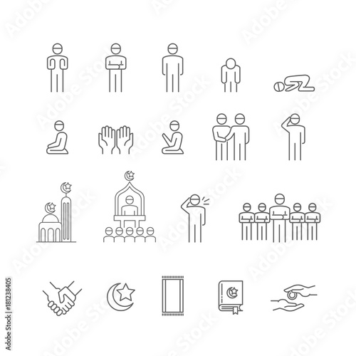 Muslims pray icon set. salam, salah, namaz, yummah, azan, and islamic call to prayer. icon thin line vector illustrator