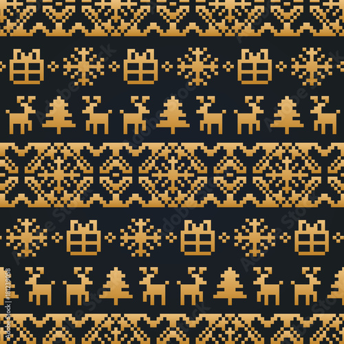 Vector Christmas or New Year knitted seamless pattern. Happy Holidays pixel endless background. Gold festive texture.