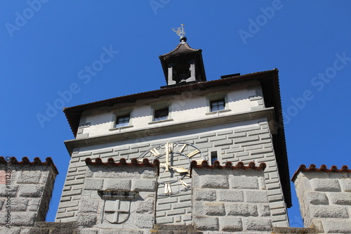 Historical Schnetztor gate of the former city walls built in 14th century isolated on blue sky in the city of Constance (Konstanz) in Baden-Wuerttemberg, Germany.