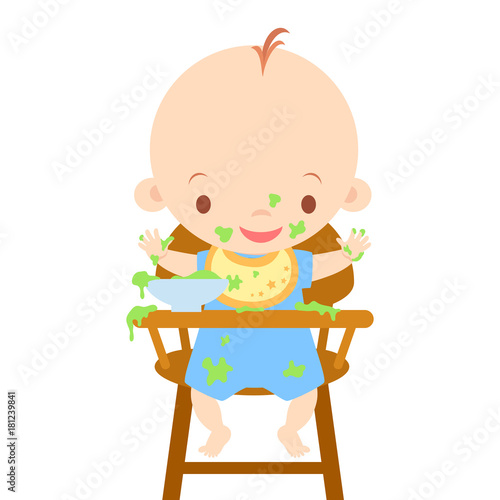 Baby in High Chair Eating Messy Vector Illustration