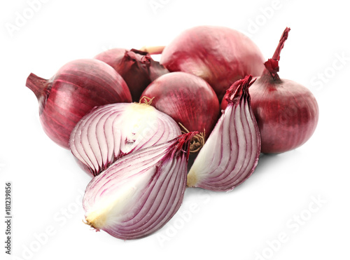 Sliced red onion on white background