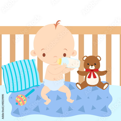 Baby Eating Formula From a Bottle Sitting in Crib Vector Illustration