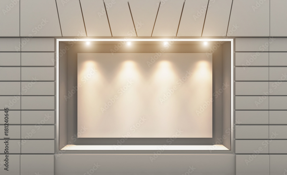 Shop in the old house. 3d rendering. Lights in the window.. Blank plate Shop in the old house. 3d rendering. Lights in the window.. Blank plate