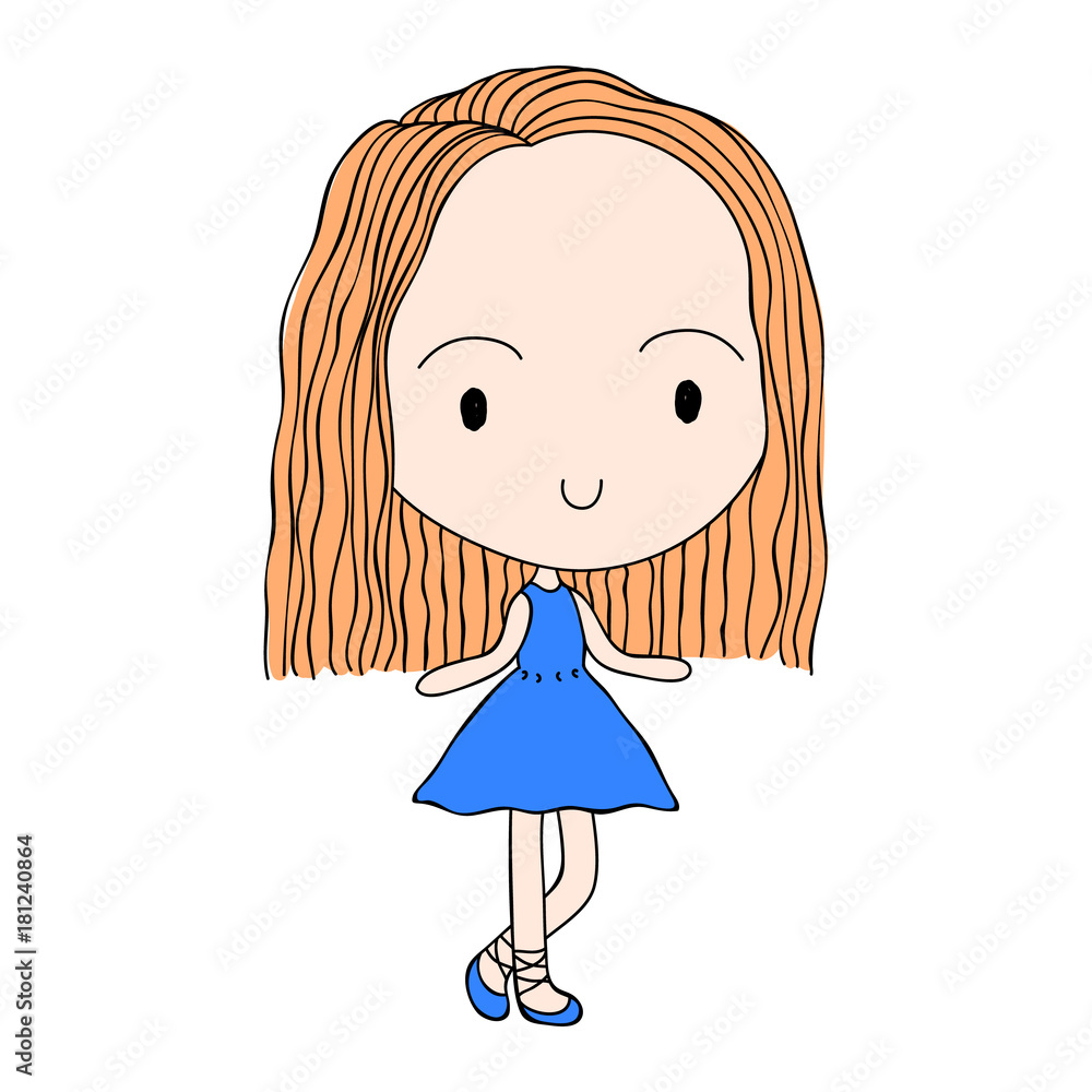 Fototapeta premium Cute Girl in Blue Dress Cartoon Vector Illustration