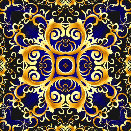 vintage blue background with vegetable gold(en) pattern