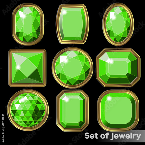 Set of green gems emerald of various shapes.