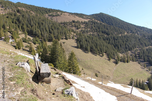 Landscape of snowy Alp mountains with forests, taken from Alpspitz peak in Gaflei village in the municipality of Triesenberg in Principality of Liechtenstein. photo