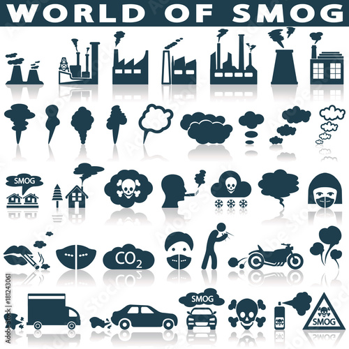 Smog, pollution icons set